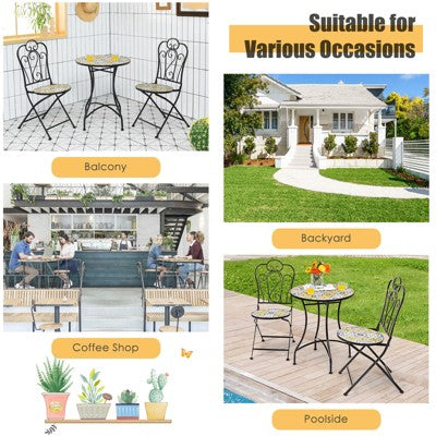  Tangkula 2PCS Outdoor Mosaic Folding Bistro Chairs Patio Chairs With Ceramic Tiles Seat And Exquisite Floral Pattern Yellow Seat