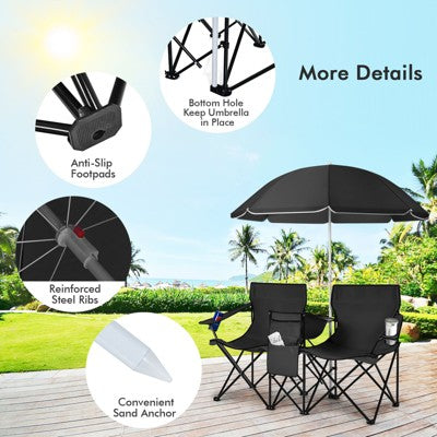  Tangkula Portable Double Camping Chair, Folding Picnic Loveseat W/ Removable Adjustable Umbrella, Side Pocket & Cupholder Red/Gray/Black/Turquoise