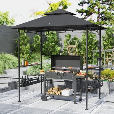  Aghana Digitals Dark Gray 2-Tier BBQ Grill Gazebo With 2 Side Shelves, Storage Baskets, Ceiling