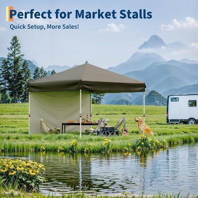  10x10 FT Instant Pop Up Canopy Tent – One-Button Setup With 1 Sidewall, 3 Adjustable Heights & 4 Sandbags, Portable Outdoor Shelter