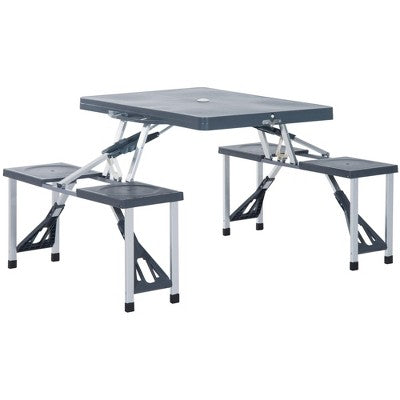  Outsunny Portable Foldable Camping Picnic Table Set With Four Chairs And Umbrella Hole, 4-Seats Aluminum Fold Up Travel Picnic Table