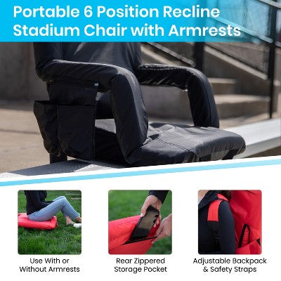 Emma And Oliver Set Of 2 Portable Stadium Chairs With Armrests, Reclining Padded Back & Seat, Lightweight Metal Frame & Backpack Straps, Storage Pockets