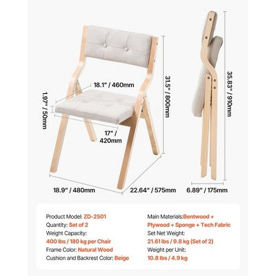 VEVOR Wooden Folding Chairs With Cushion, Set Of 2, Portable Foldable Cushion Chair With Wooden Frame, Modern Padded Dining Chair, Beige