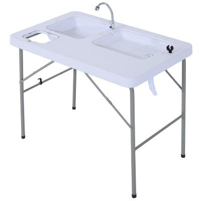  Outsunny Folding Fish Cleaning Table & Portable Sink Station With Hose Hookup, Convertible Camping Table With Ruler, Camp Kitchen For Picnic, Fishing