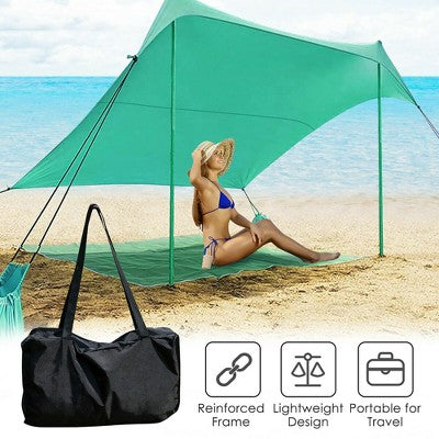  Costway Family Beach Tent Canopy W/ 4 Poles Sandbag Anchors 7'x7' UPF50+ Green