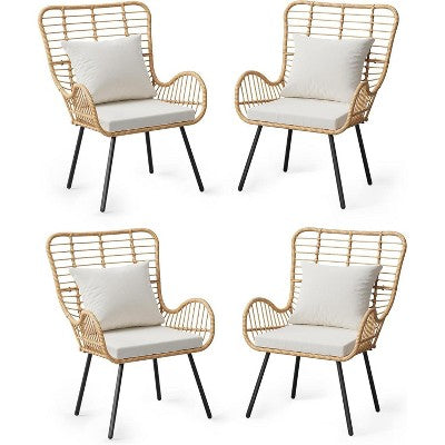  Outdoor Wicker Patio Set For 4, 4 Pieces Outdoor Rattan Chairs, All-Weather Wicker Furniture For Porch, Backyard With Cushions & Pillows, Boho Style