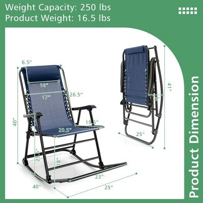  Costway Folding Zero Gravity Rocking Chair Rocker Porch Outdoor Patio Headrest Blue