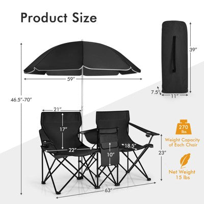  Tangkula Portable Double Camping Chair, Folding Picnic Loveseat W/ Removable Adjustable Umbrella, Side Pocket & Cupholder Red/Gray/Black/Turquoise
