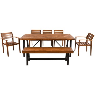  GO Outdoor Wood Dining Set For 7-8 Person, Outdoor Dining Furniture With Removable Cushions, Ergonomic Chairs And Bench, Thicker Table, Nature