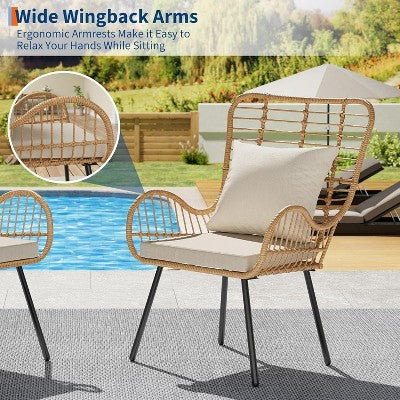  Outdoor Wicker Patio Set For 4, 4 Pieces Outdoor Rattan Chairs, All-Weather Wicker Furniture For Porch, Backyard With Cushions & Pillows, Boho Style
