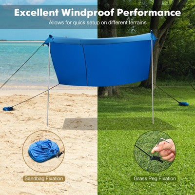  Tangkula 7'x7' Beach Tent Canopy W/ 4 Poles Sandbag Anchors UPF50+ Blue/Green/Purple