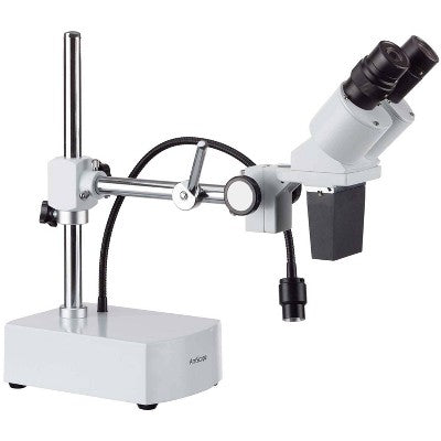  Stereo Microscope With 10X And 20X Magnification, Single Arm Boom Stand, And LED Gooseneck Light - AmScope