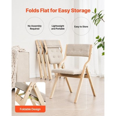  VEVOR Wooden Folding Chairs With Cushion, Set Of 2, Portable Foldable Cushion Chair With Wooden Frame, Modern Padded Dining Chair, Beige