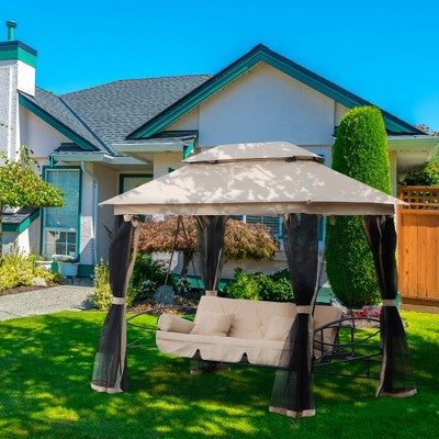  Outsunny 3 Person Patio Swing Chair, Gazebo Swing With Double Tier Canopy, Cushioned Seat, Mesh Sidewalls