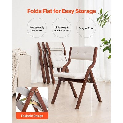  VEVOR Wooden Folding Chairs With Cushion, Set Of 2, Portable Foldable Cushion Chair With Wooden Frame, Modern Padded Dining Chair, White