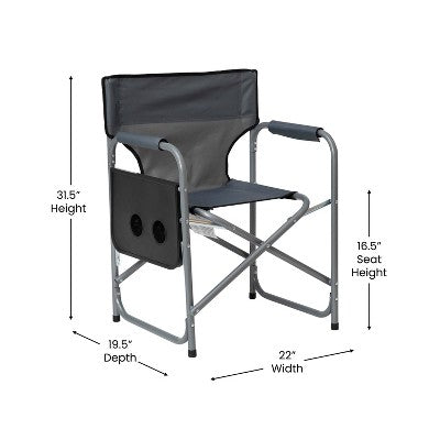  Emma And Oliver Canvas Folding Director's Chair With Accent Trim, Steel Tube Frame-Integrated Folding Side Table With Cupholders