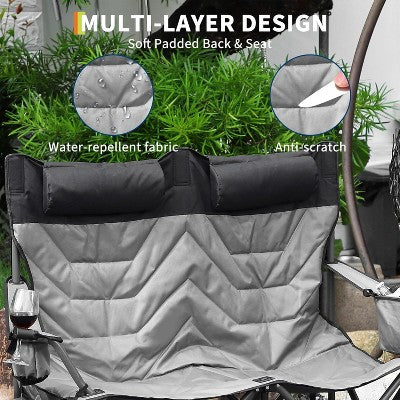  Oversized Double Folding Camping Chair,Heavy Duty Outdoor Padded Portable Chair For 2 Person With Cup Holder