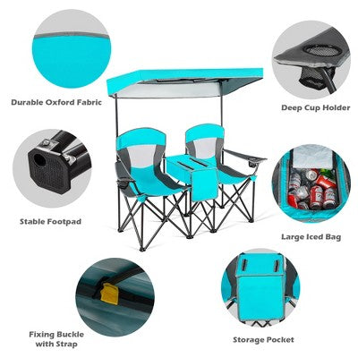  Costway Portable Folding Camping Canopy Chairs W/ Cup Holder Cooler Outdoor Turquoise